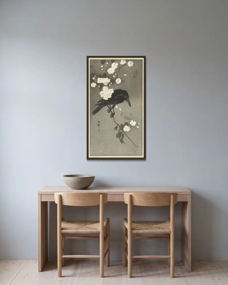 Vråna s třešňovým květem, Ohara Koson v rámu na stěně