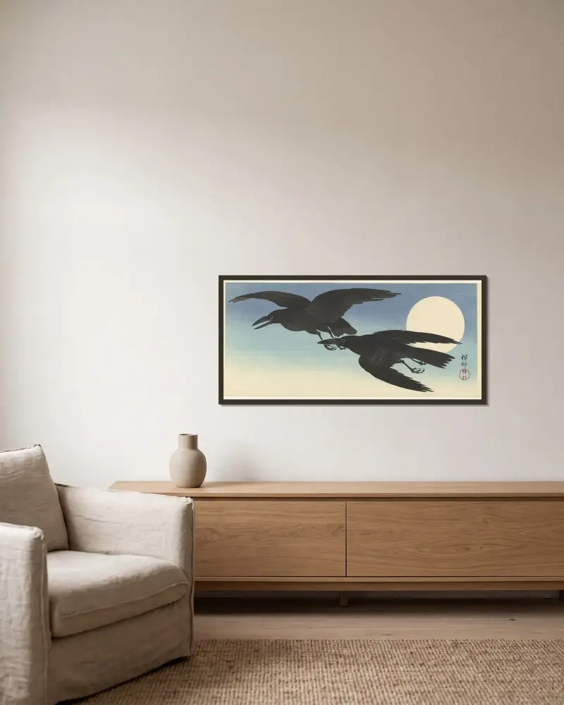 Vrány při úplňku, Ohara Koson v rámu na stěně