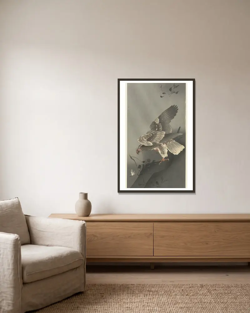 Adler auf Beutesuche von Ohara Koson gerahmt an einer Wand