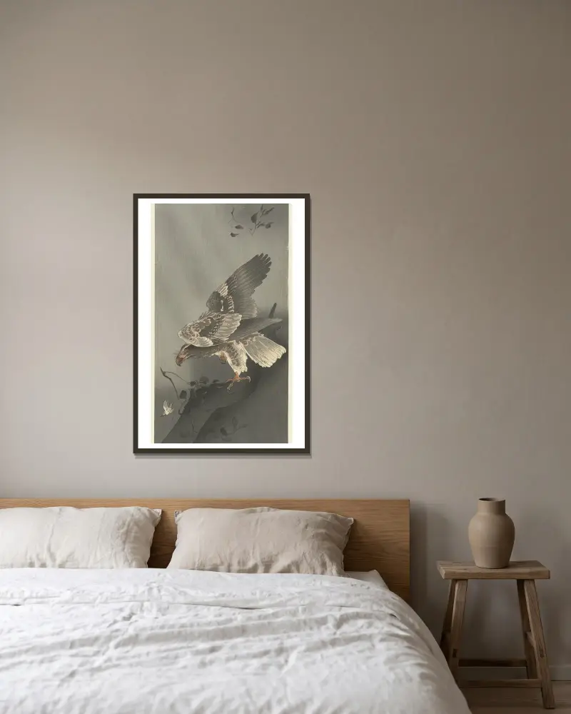 Adler auf Beutesuche von Ohara Koson gerahmt an einer Wand