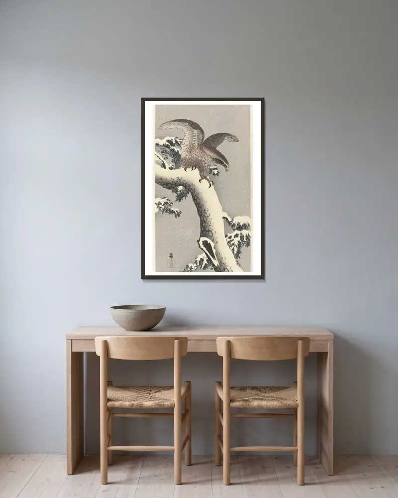 Orel na zasněžené borovici, Ohara Koson v rámu na stěně
