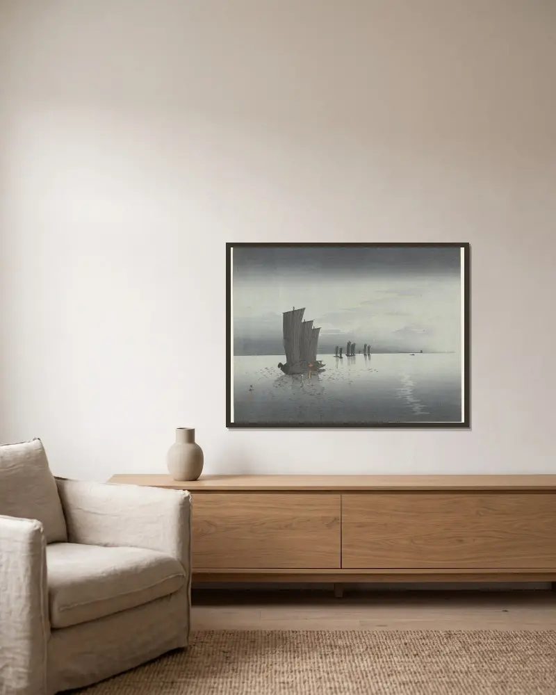 Fishing boats av Ohara Koson inramad på en vägg