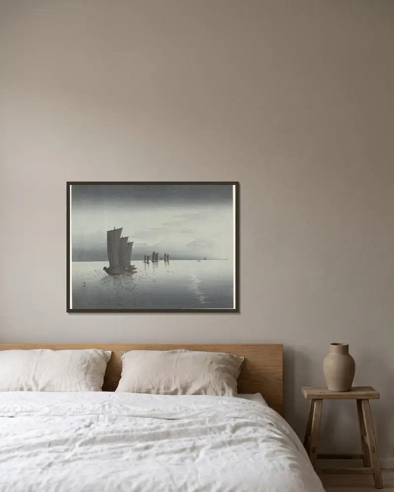 Fishing boats av Ohara Koson inramad på en vägg