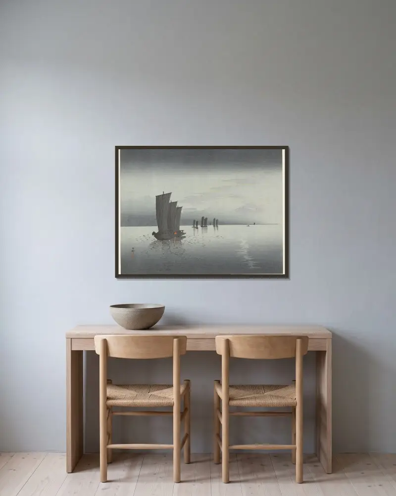 Fishing boats av Ohara Koson inramad på en vägg