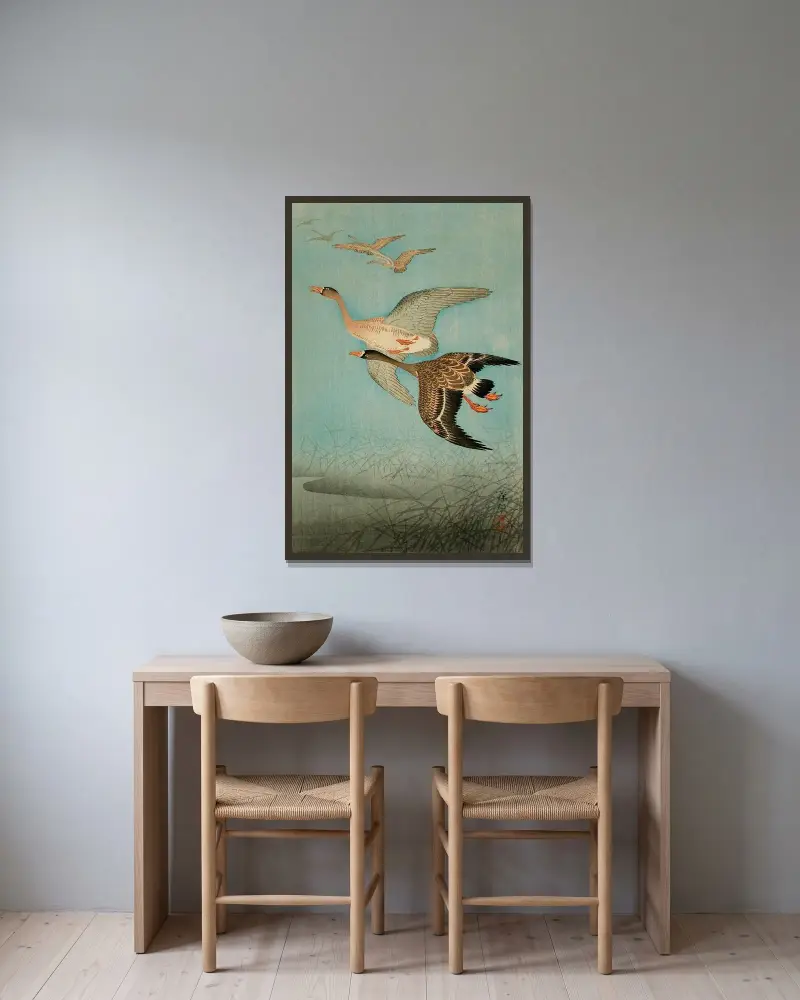 Letící husy, 1926, Ohara Koson v rámu na stěně