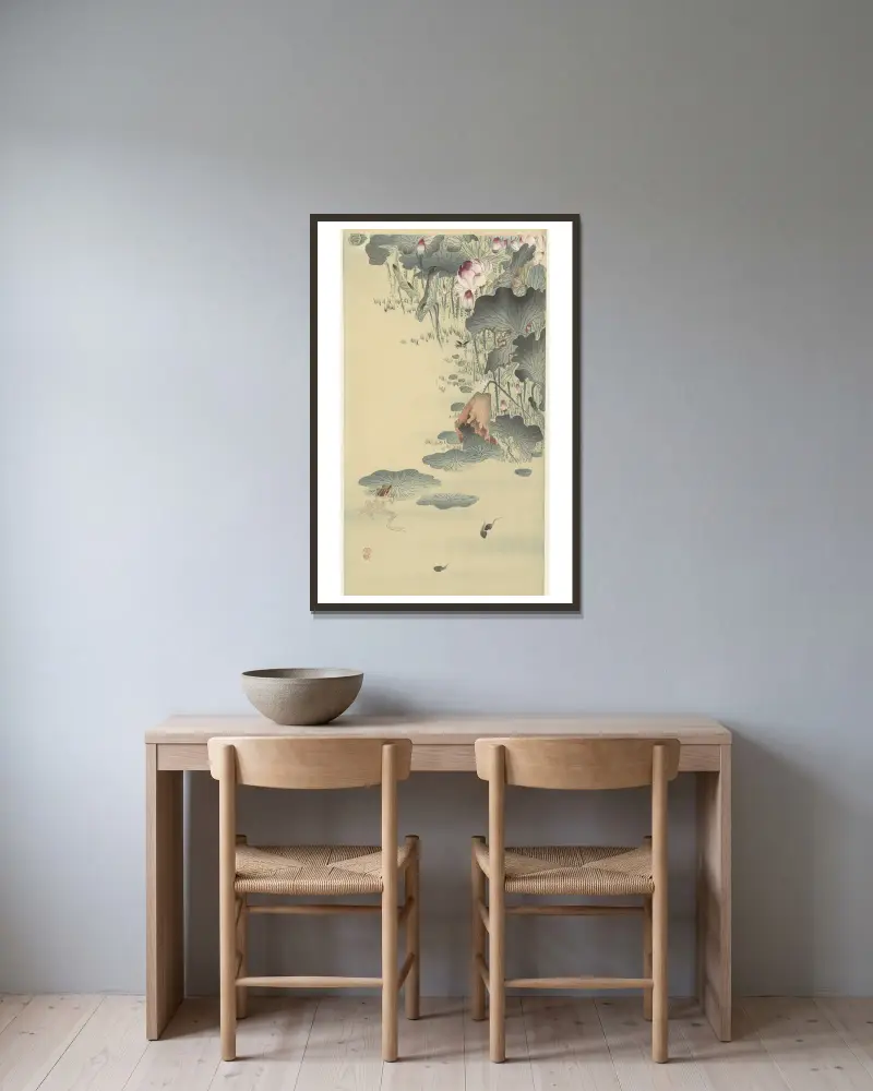 Frosch und Kaulquappen von Ohara Koson gerahmt an einer Wand