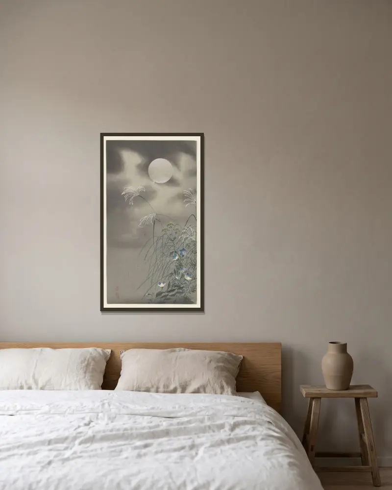 Trávy a květiny při úplňku, Ohara Koson v rámu na stěně