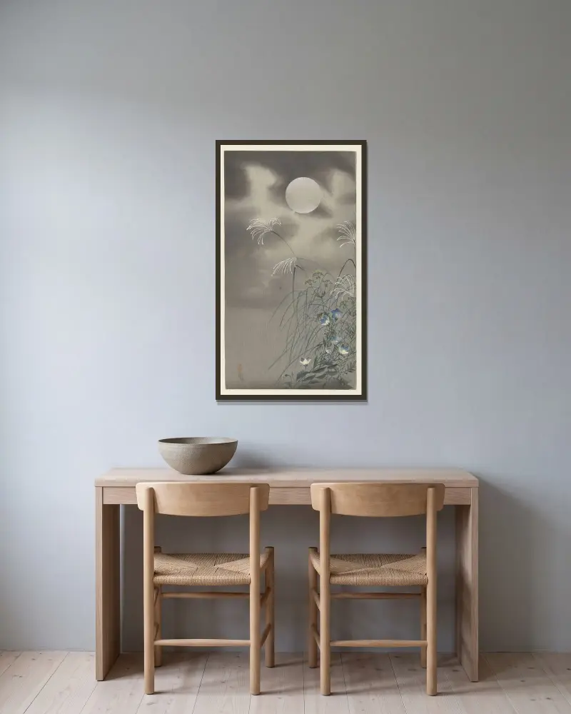 Trávy a květiny při úplňku, Ohara Koson v rámu na stěně
