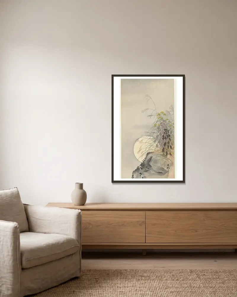 Gräser bei Vollmond von Ohara Koson gerahmt an einer Wand