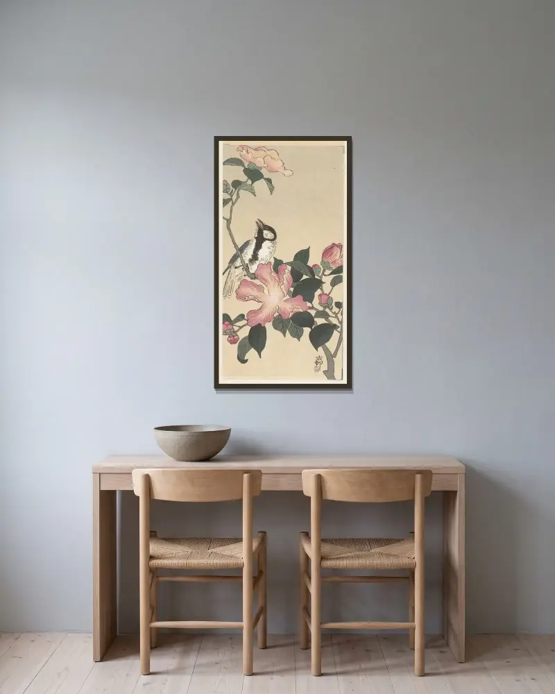 Sýkora koňadra na větvi s růžovými květy, Ohara Koson v rámu na stěně