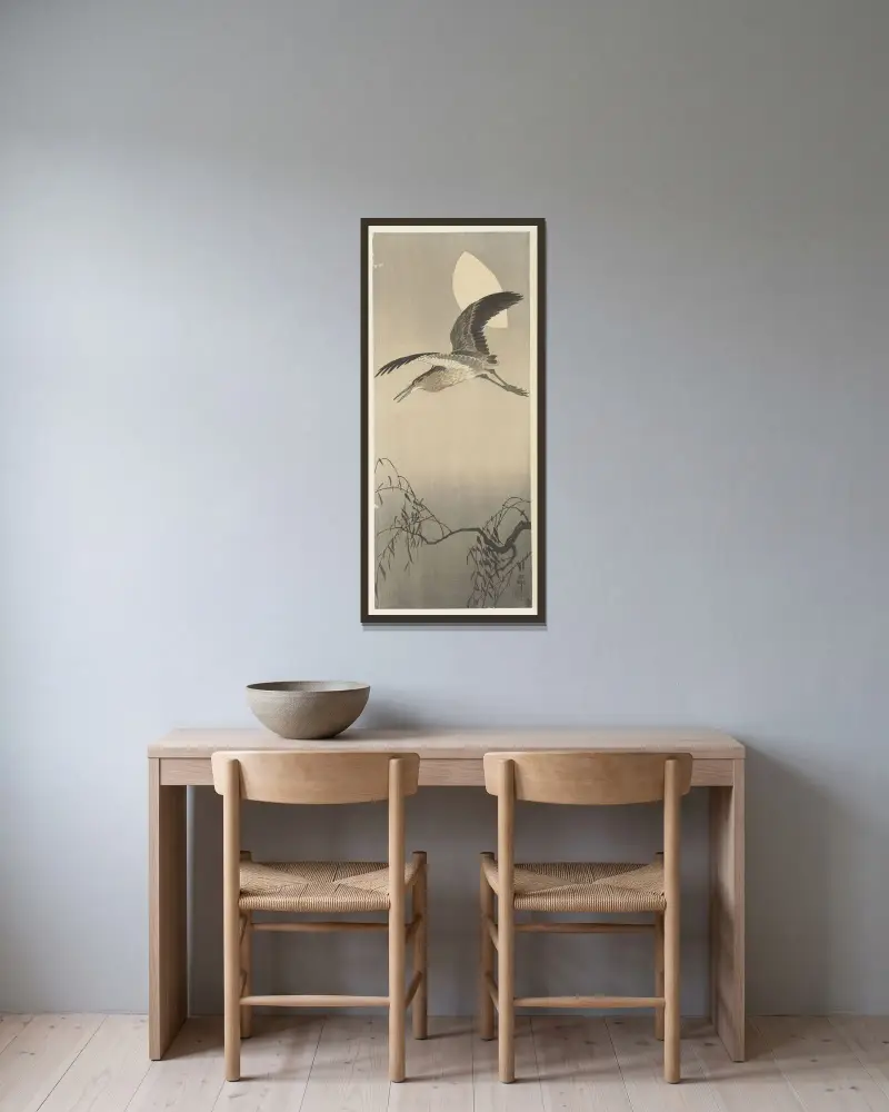Volavka a měsíc, Ohara Koson v rámu na stěně