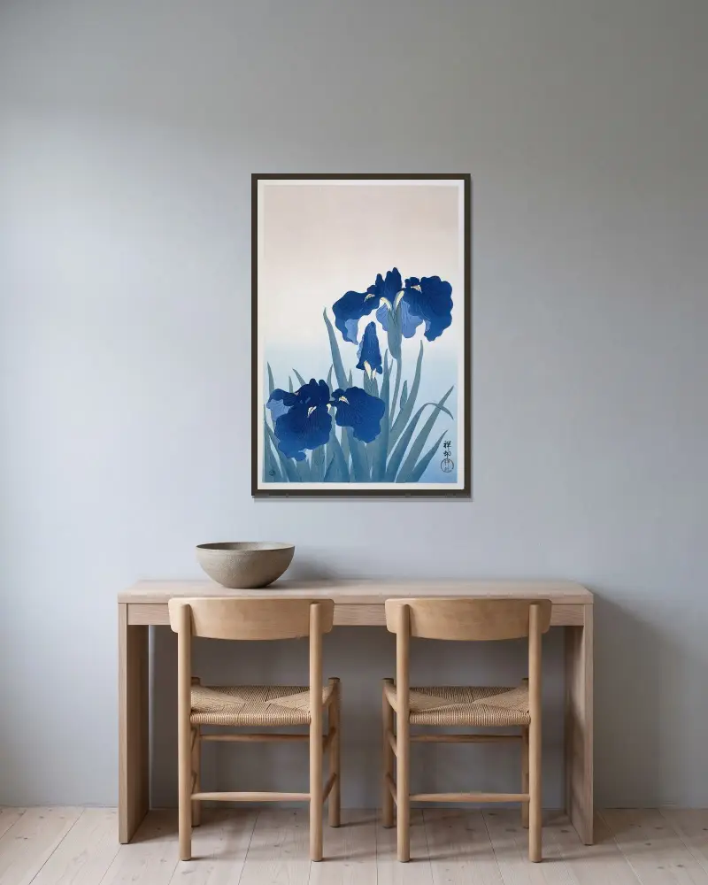 Kosatce, 1925, Ohara Koson v rámu na stěně