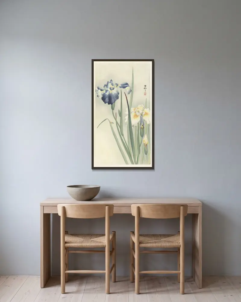 Kosatce, 1900, Ohara Koson v rámu na stěně