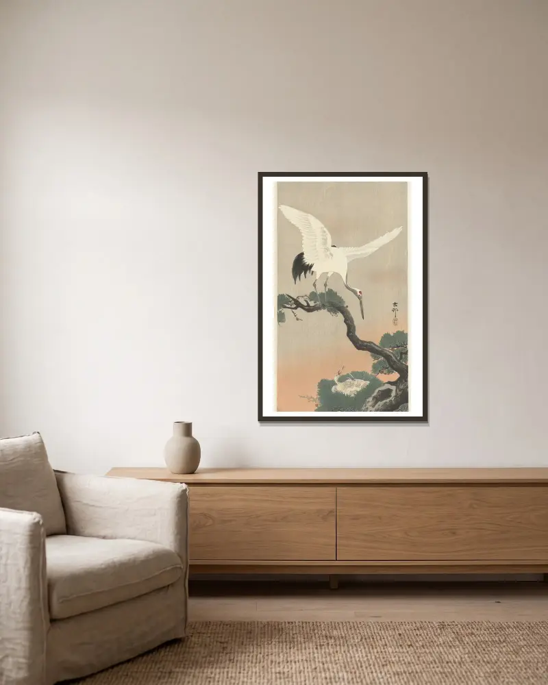 Japanese common crane on branch of pine av Ohara Koson inramad på en vägg