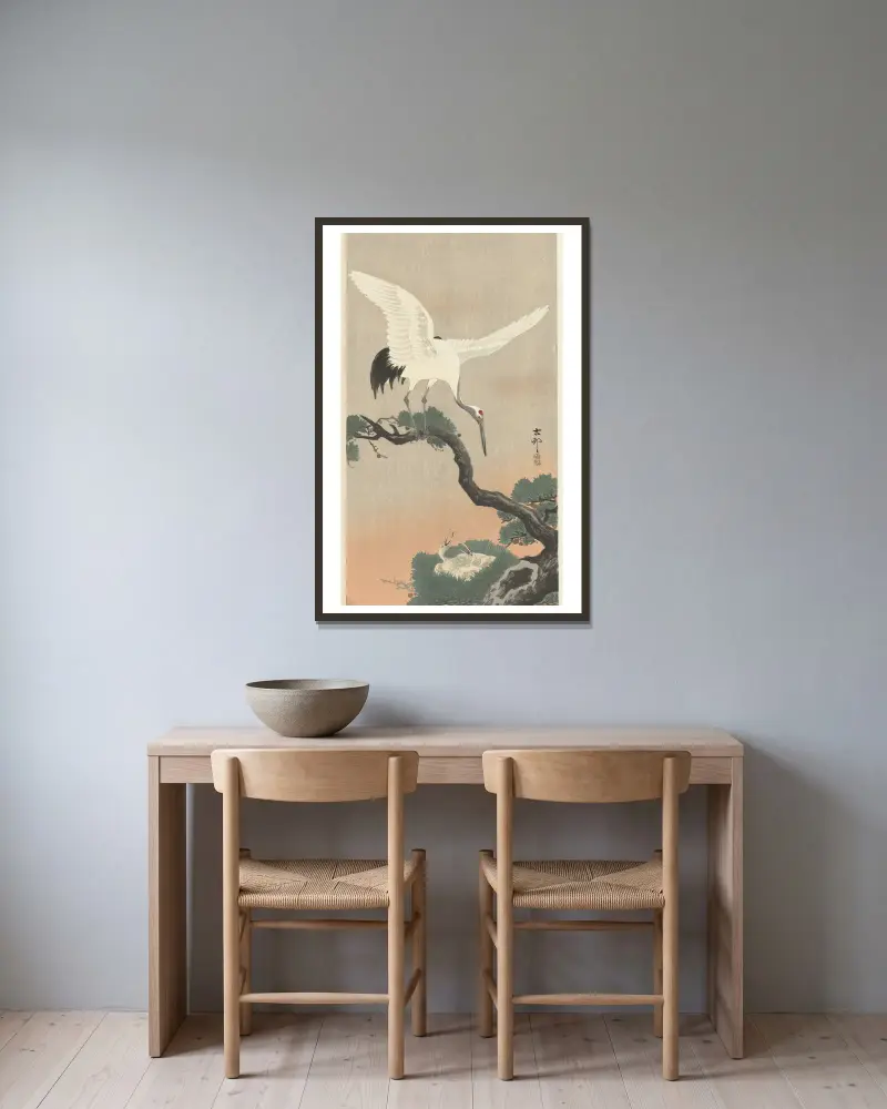 Japanese common crane on branch of pine av Ohara Koson inramad på en vägg