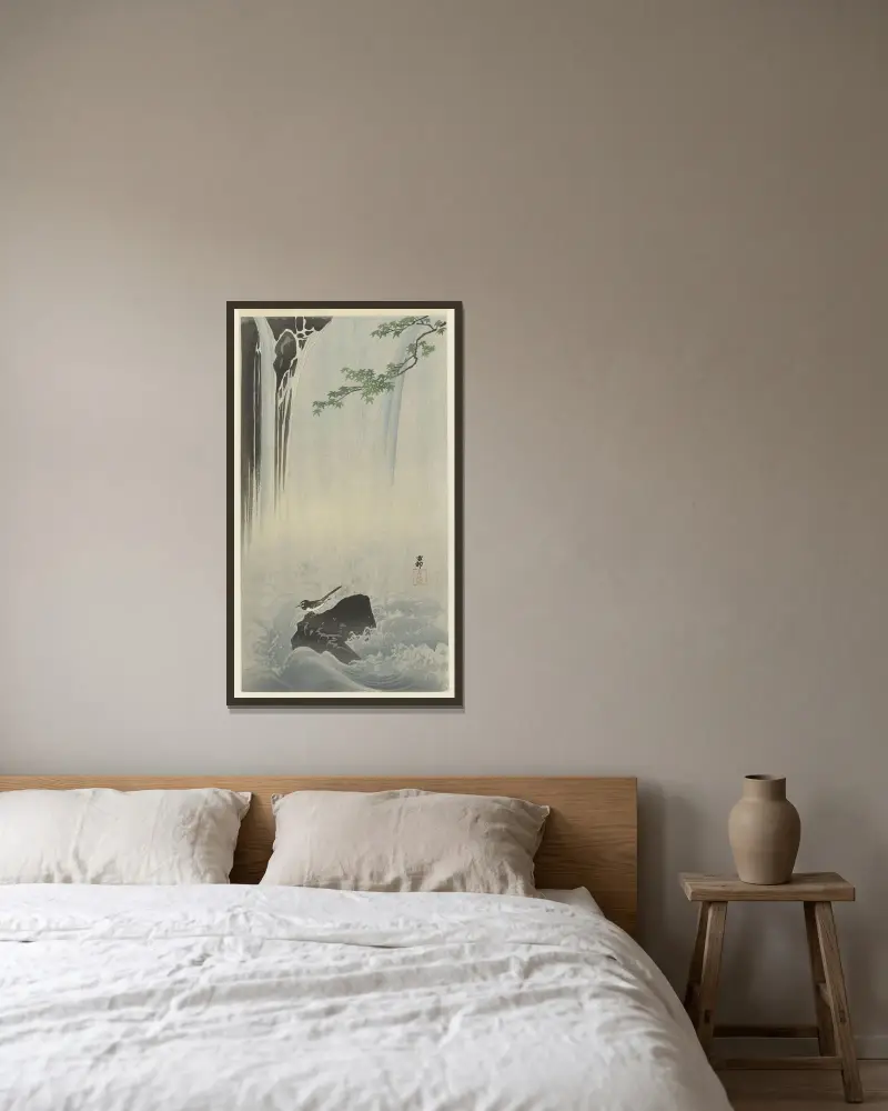 Japonská konipas u vodopádu, Ohara Koson v rámu na stěně