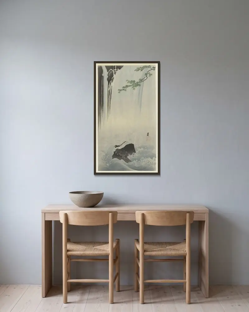 Japonská konipas u vodopádu, Ohara Koson v rámu na stěně