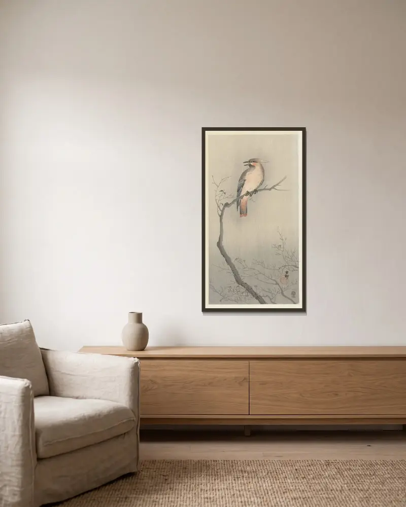 Japonský brkoslav na větvi, Ohara Koson v rámu na stěně