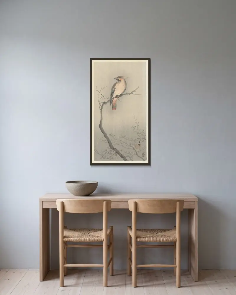 Japonský brkoslav na větvi, Ohara Koson v rámu na stěně