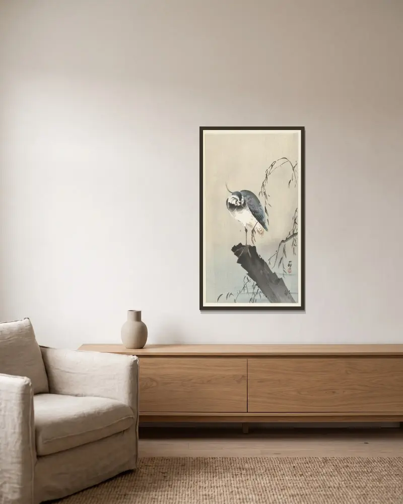 Čejka na pařezu, Ohara Koson v rámu na stěně