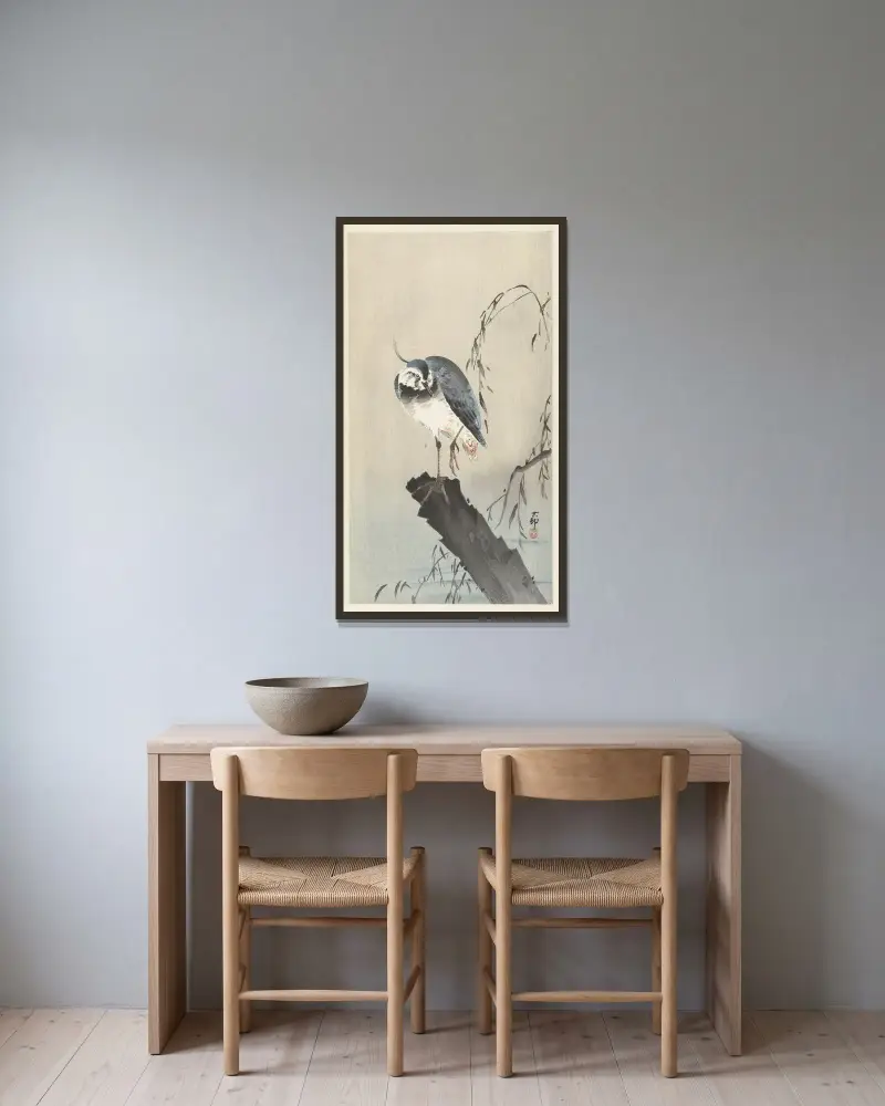 Čejka na pařezu, Ohara Koson v rámu na stěně