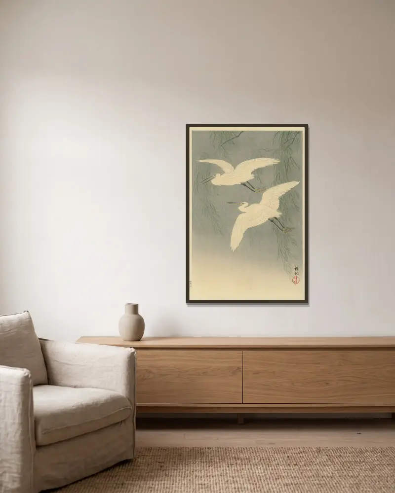 Seidenreiher im Flug von Ohara Koson gerahmt an einer Wand