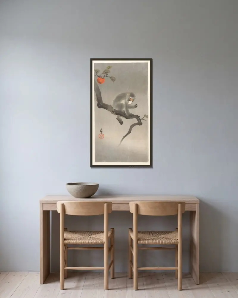 Opička na kaki stromě, Ohara Koson v rámu na stěně