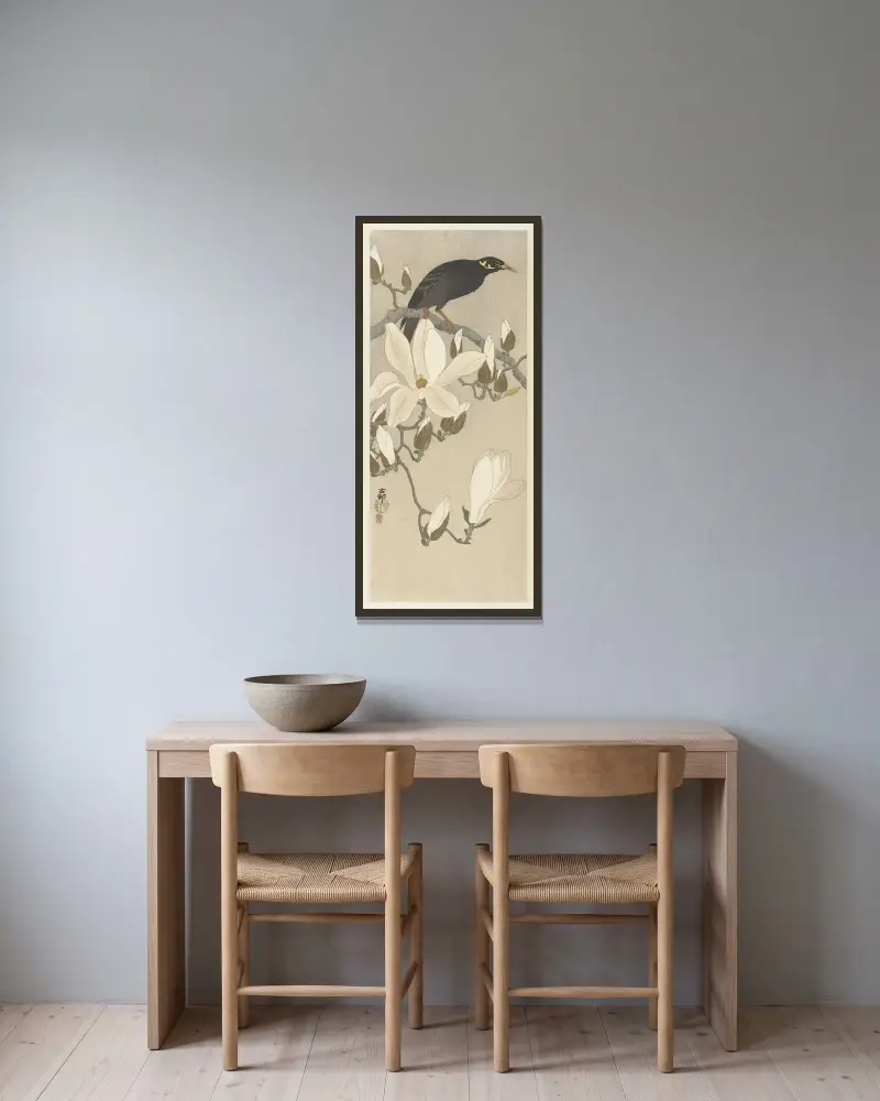 Myna na magnoliové větvi, Ohara Koson v rámu na stěně