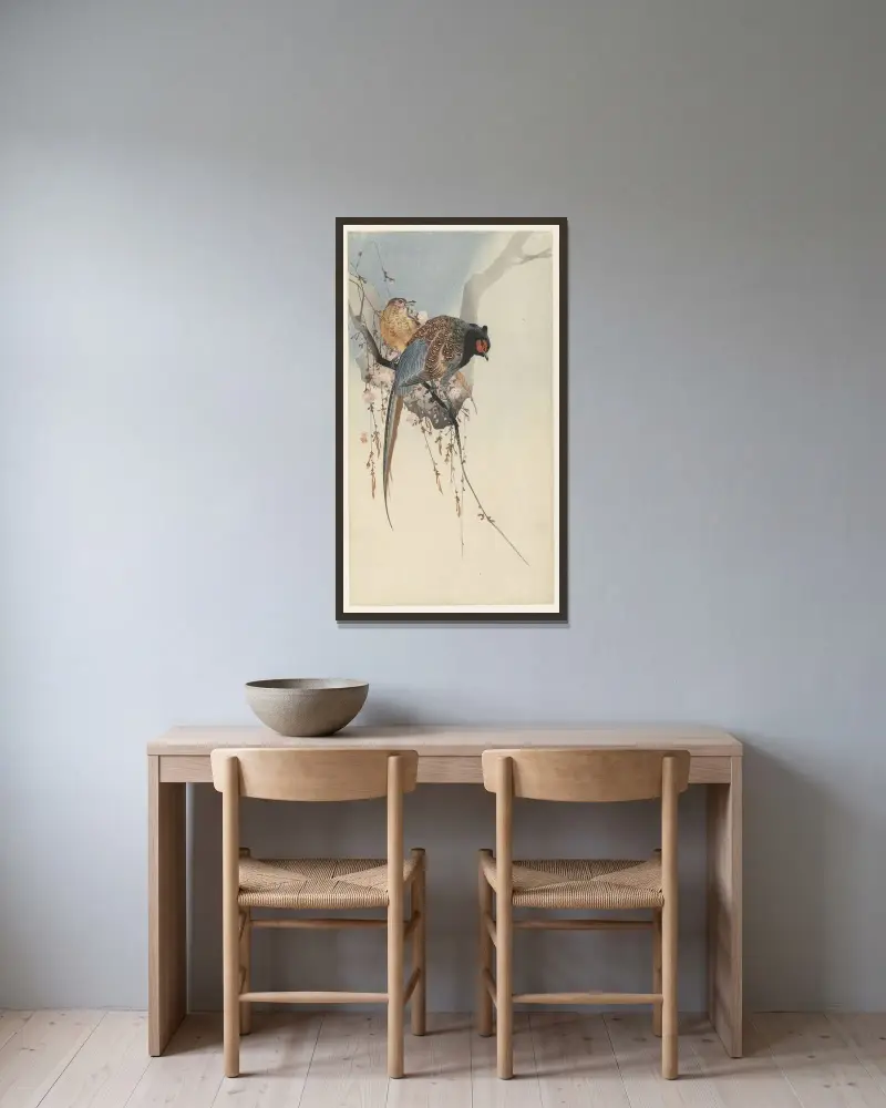 Bažantí pár a švestkový květ, Ohara Koson v rámu na stěně
