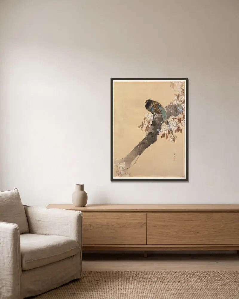 Bažant na větvi třešňového květu, Ohara Koson v rámu na stěně