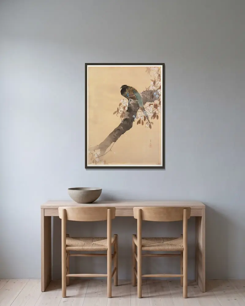 Bažant na větvi třešňového květu, Ohara Koson v rámu na stěně