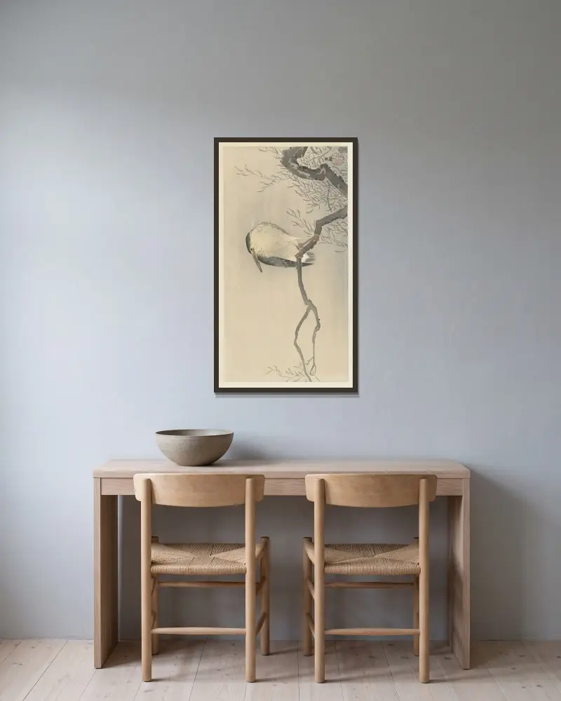 Kvákání na rozmarné větvi, Ohara Koson v rámu na stěně