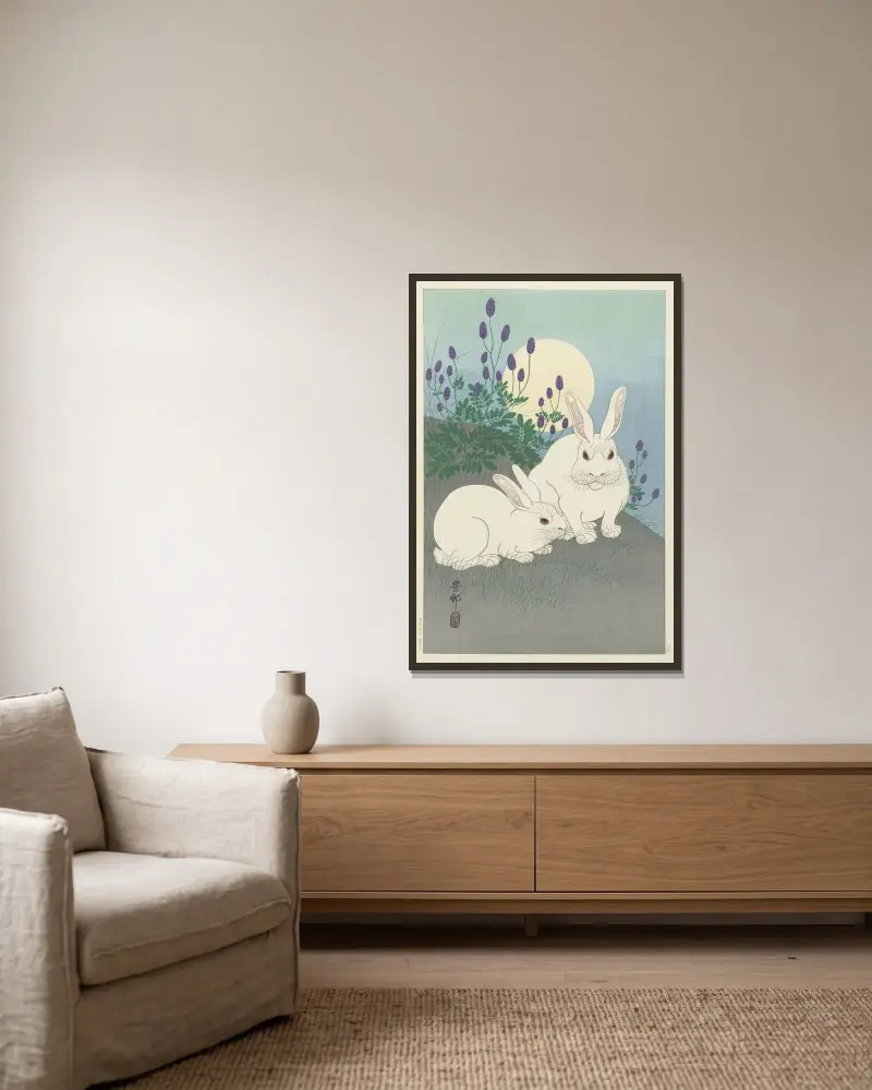 Králíci v plné velikosti, Ohara Koson v rámu na stěně