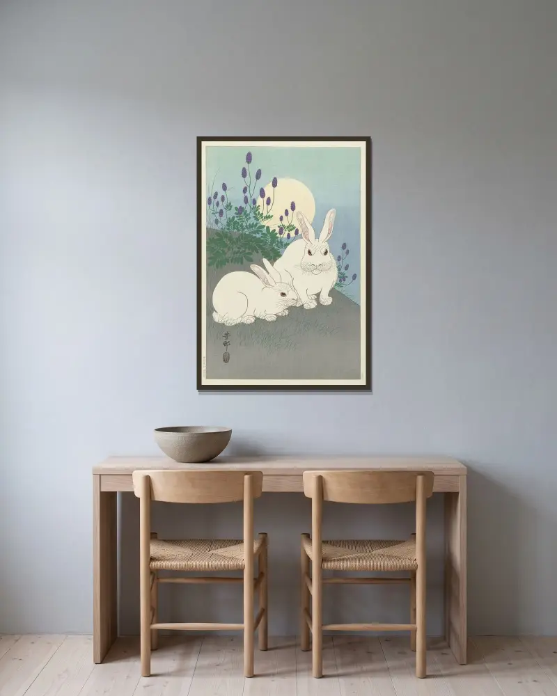 Králíci v plné velikosti, Ohara Koson v rámu na stěně