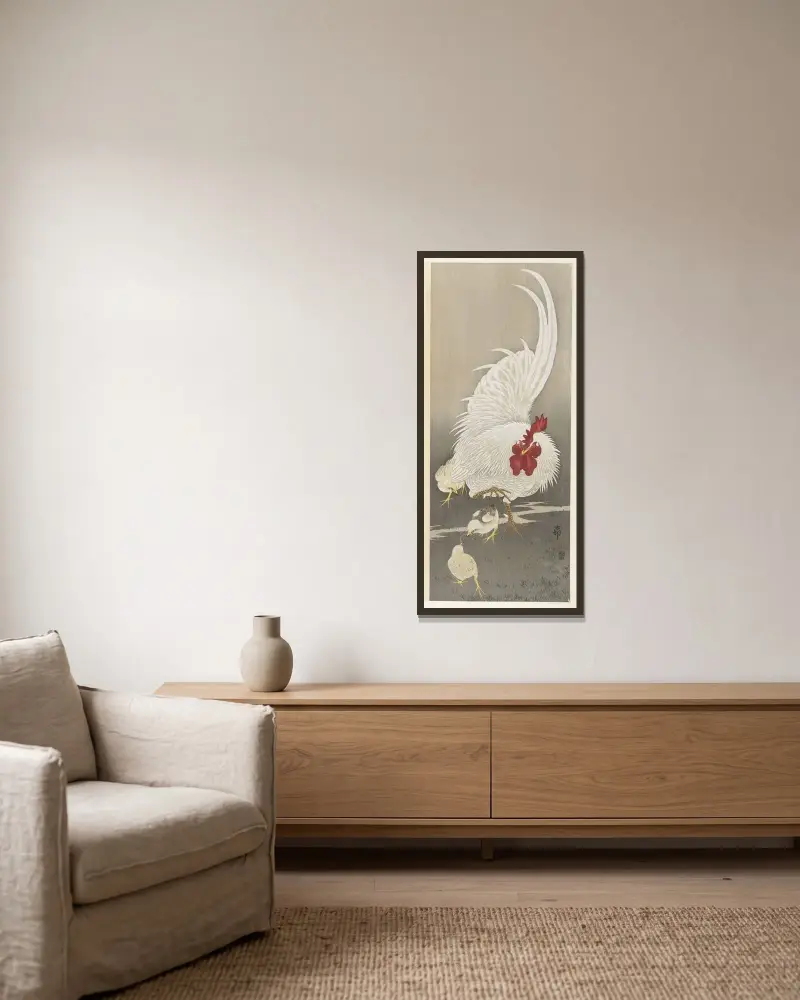 Kohout a tři kuřata, Ohara Koson v rámu na stěně