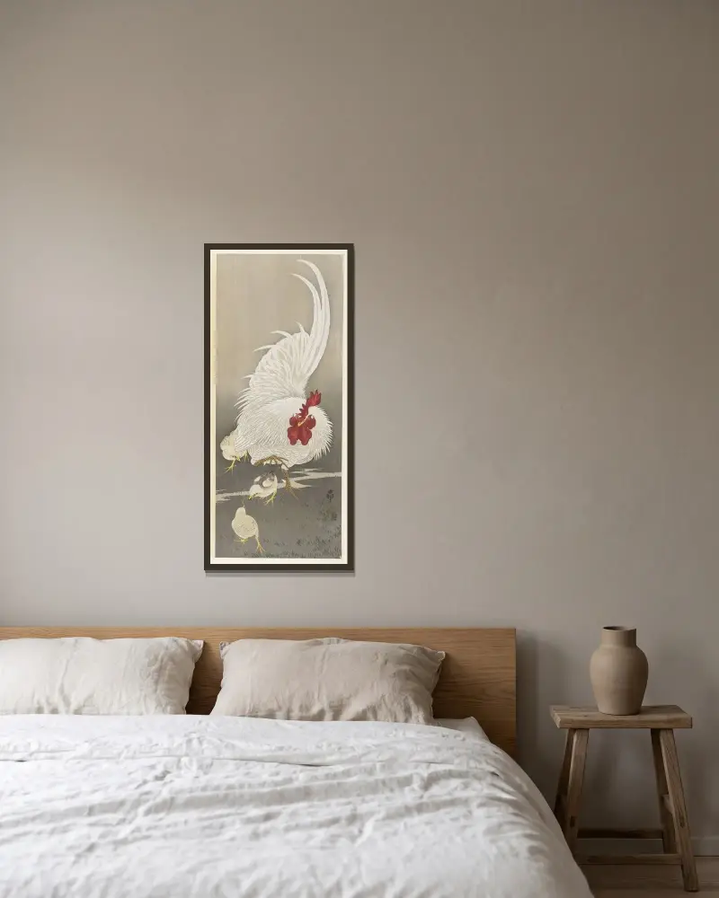 Kohout a tři kuřata, Ohara Koson v rámu na stěně
