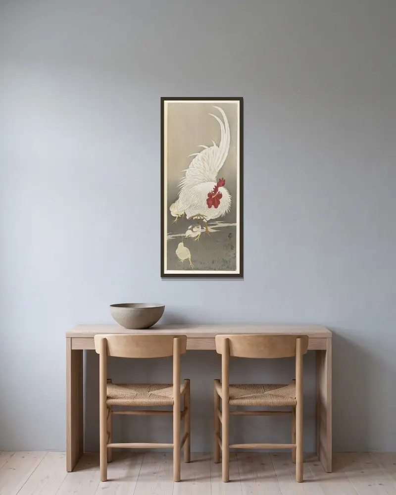 Kohout a tři kuřata, Ohara Koson v rámu na stěně