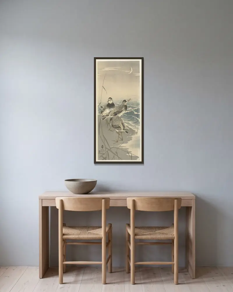 Sluky u srpku měsíce, 1900, Ohara Koson v rámu na stěně