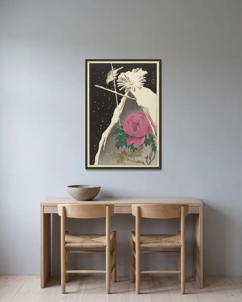 Sibiřská modinka u pivoňky, chráněná sněhem pokrytým otýpkou sena, Ohara Koson v rámu na stěně