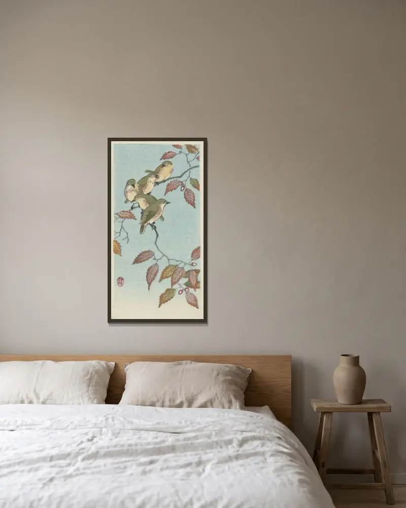 Malí ptáci na větvi, Ohara Koson v rámu na stěně
