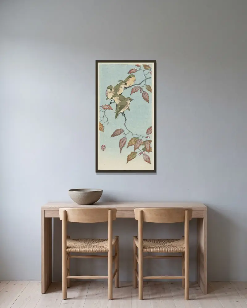 Malí ptáci na větvi, Ohara Koson v rámu na stěně
