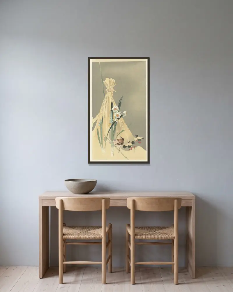 Zpěvný pták u sena, Ohara Koson v rámu na stěně
