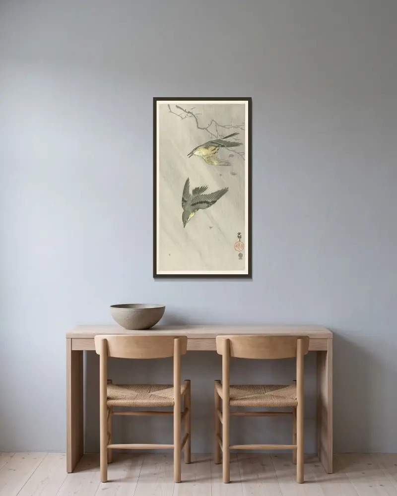 Zpěvní ptáci v dešti, Ohara Koson v rámu na stěně