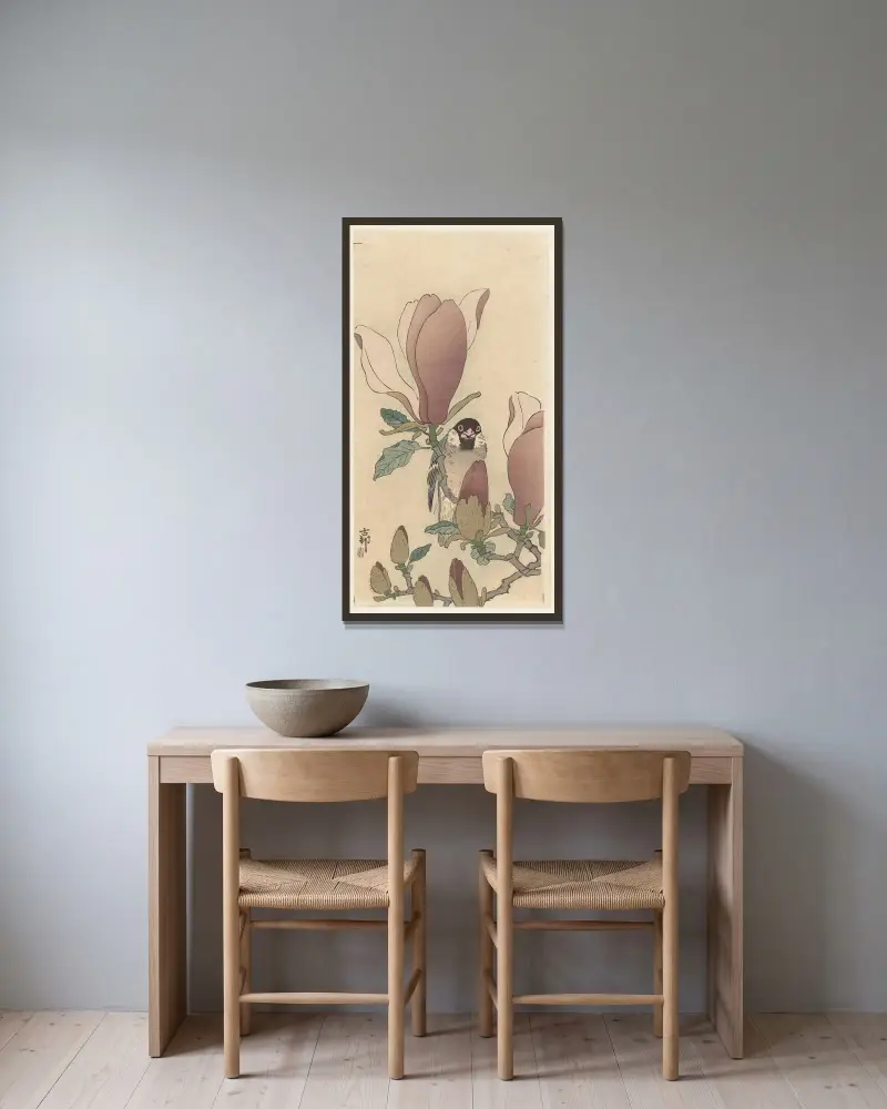 Vrabec na kvetoucí větvi magnólie, Ohara Koson v rámu na stěně