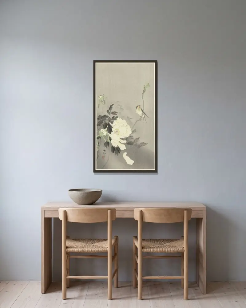 Vlaštovka s pivoňkou, Ohara Koson v rámu na stěně