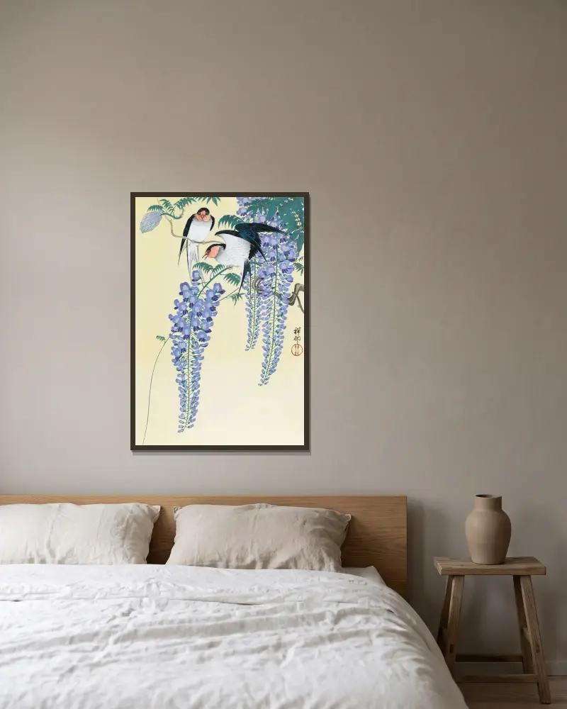 Vlaštovky a vistárie, Ohara Koson v rámu na stěně