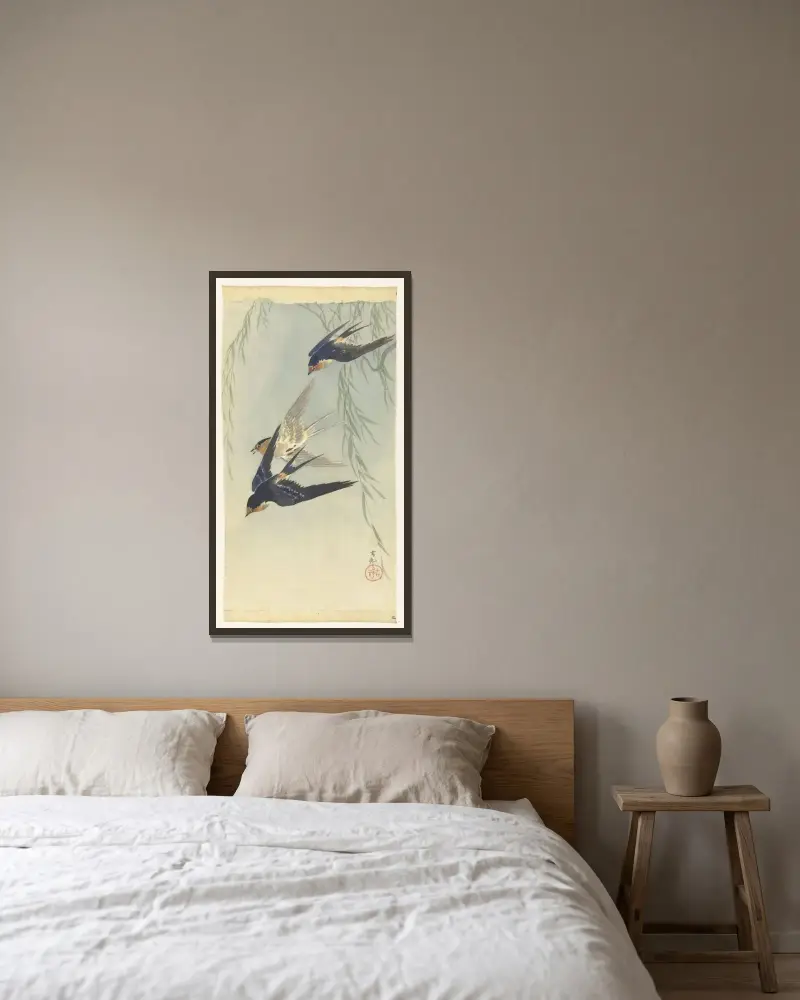 Tři ptáci v plném letu, Ohara Koson v rámu na stěně
