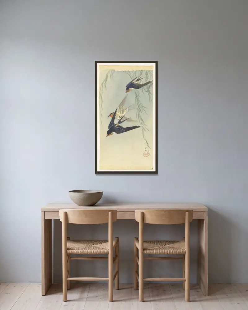 Tři ptáci v plném letu, Ohara Koson v rámu na stěně