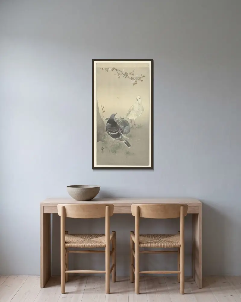 Tři krotké holubice, Ohara Koson v rámu na stěně