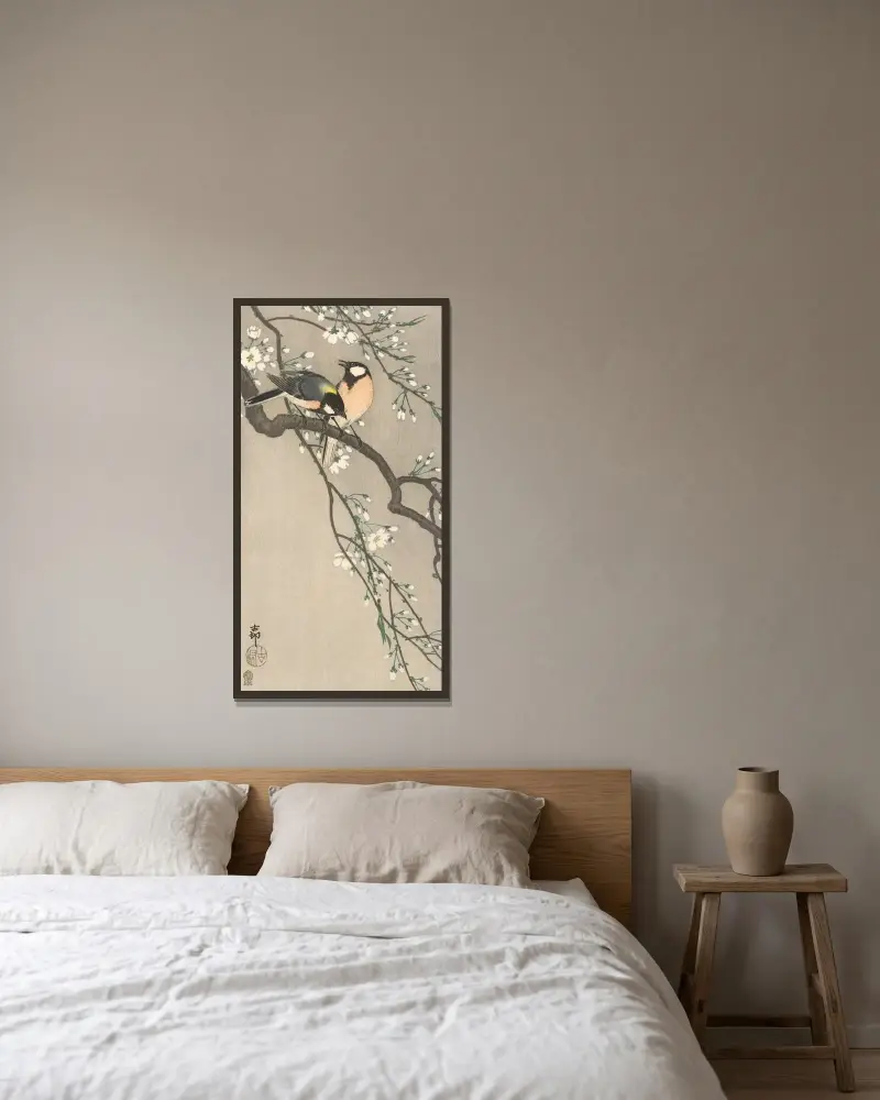 Sýkorky na třešňové větvi, Ohara Koson v rámu na stěně